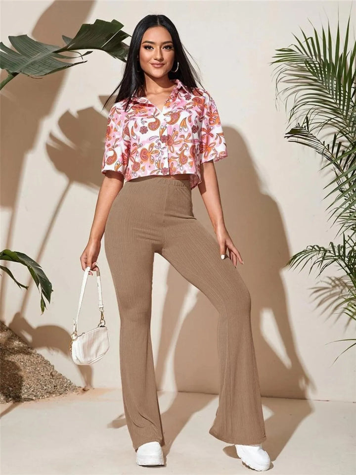 Ribbed knit high-waist flare pants with stretch