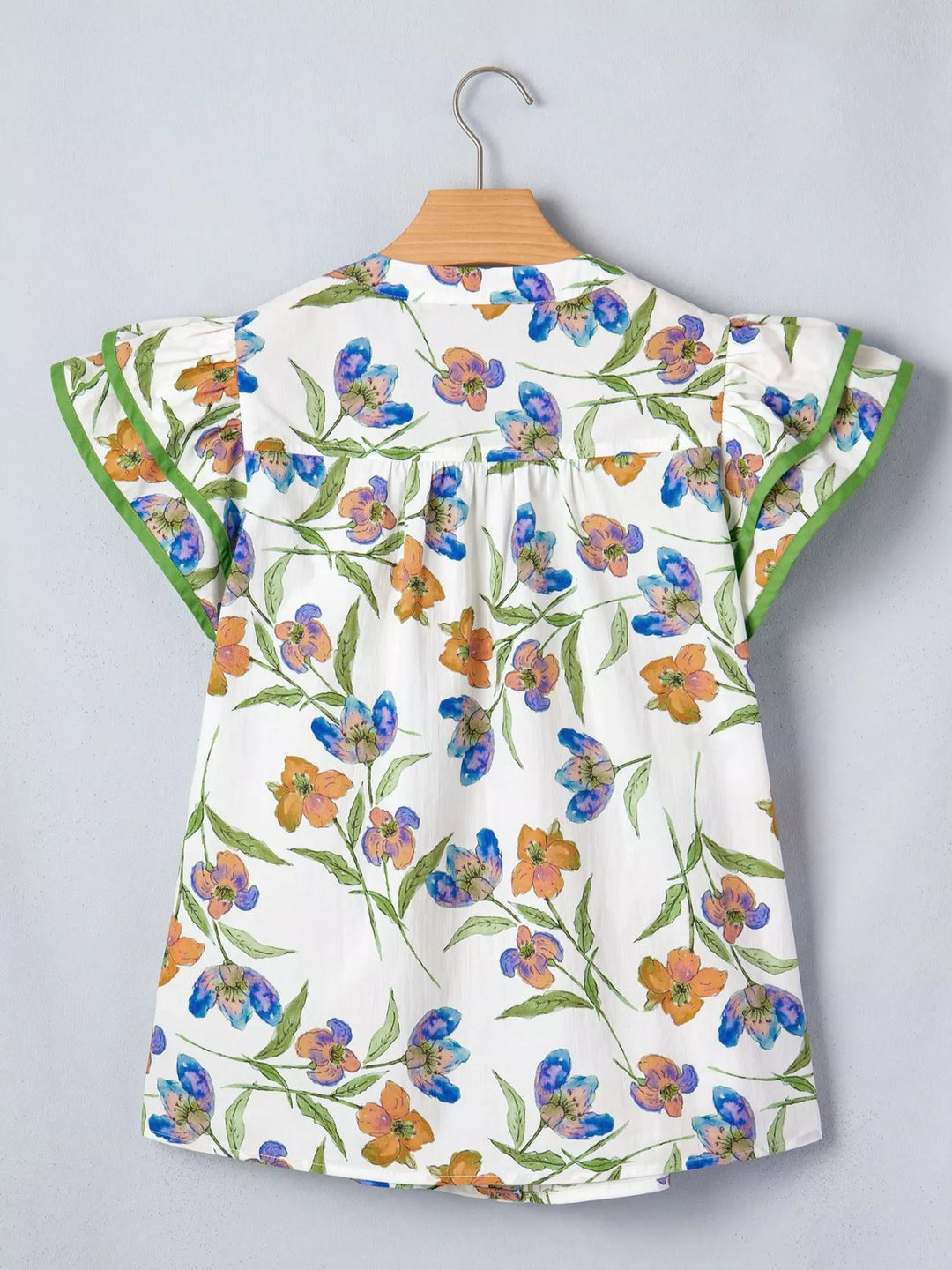 Watercolor floral ruffle-sleeve V-neck cotton blouse