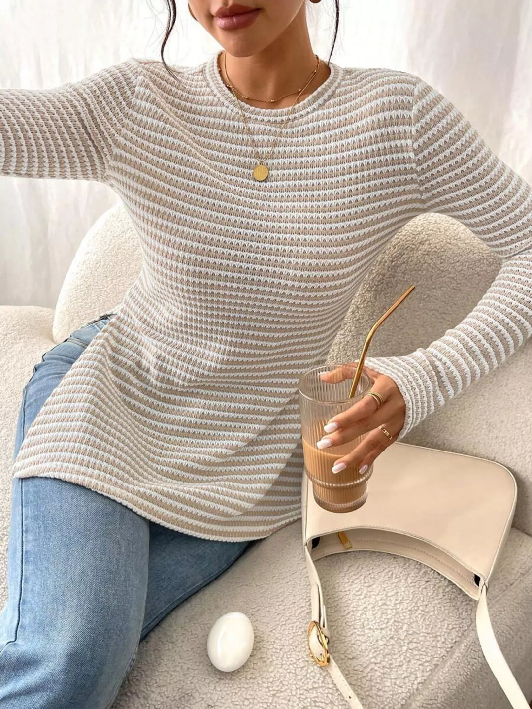 Slit-hem striped textured knit long sleeve top