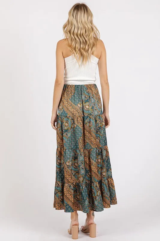 Paisley patchwork tiered satin maxi skirt