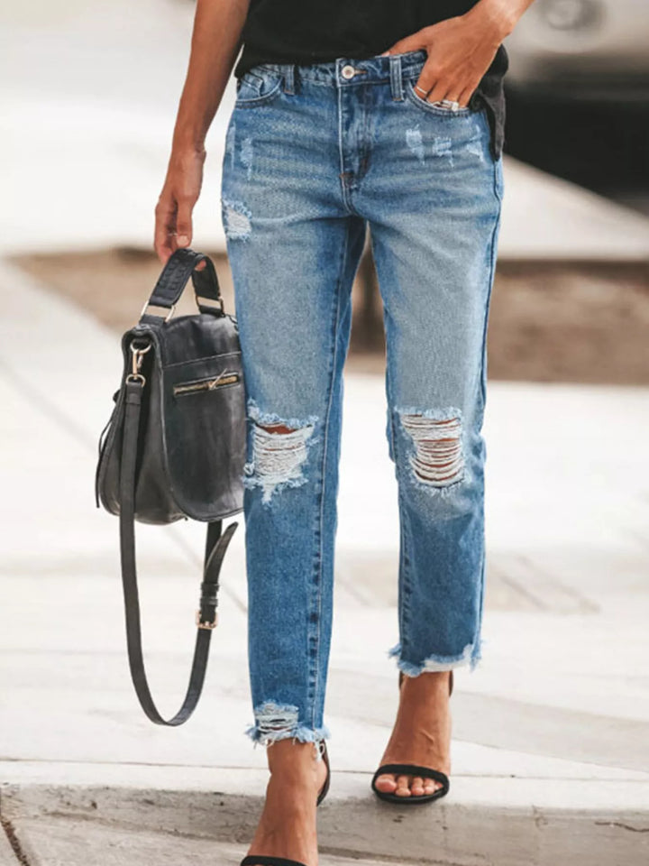 Dark Blue Distressed straight-leg ankle jeans with raw hem