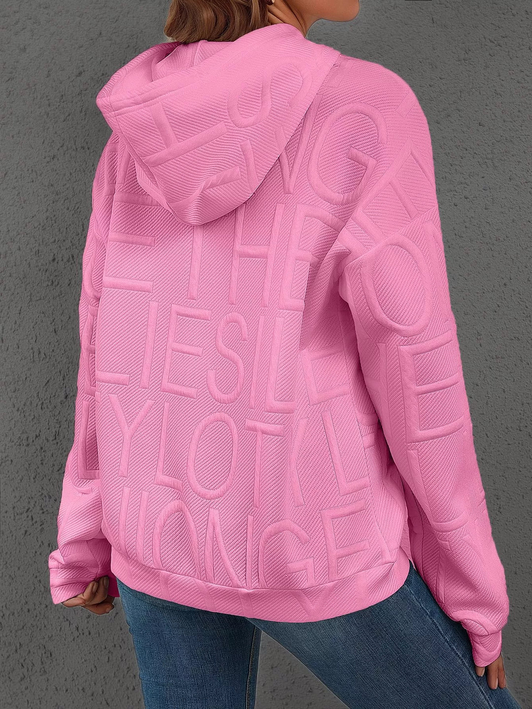 Textured embossed letter pullover hoodie with front pocket