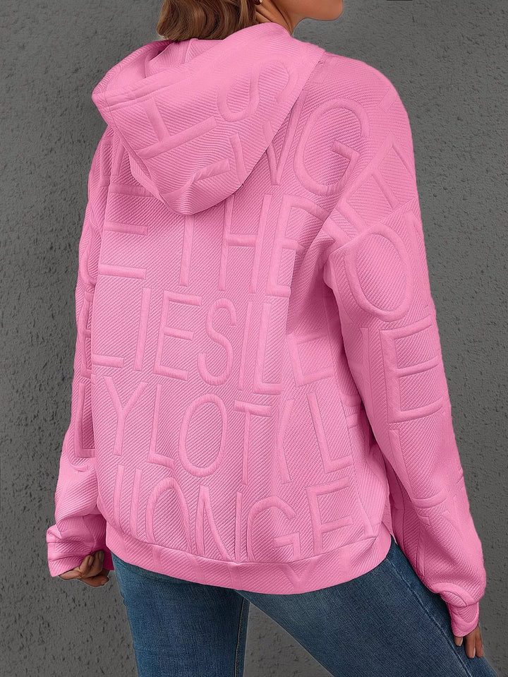 Textured embossed letter pullover hoodie with front pocket