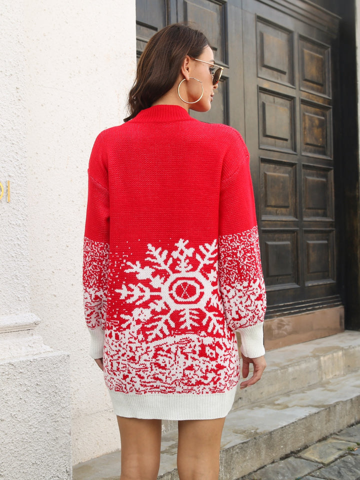 Snowflake knit sweater dress with mock neck and drop shoulders