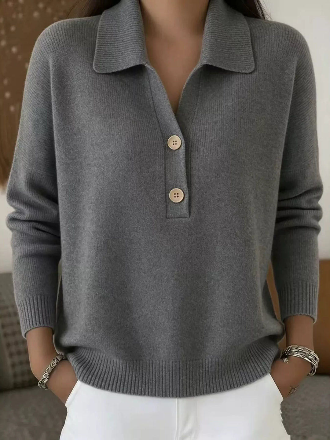 Gray Collared button-placket long sleeve knit polo sweater