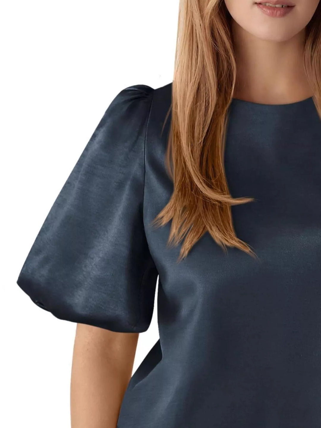 Short puff sleeve satin top with round neck