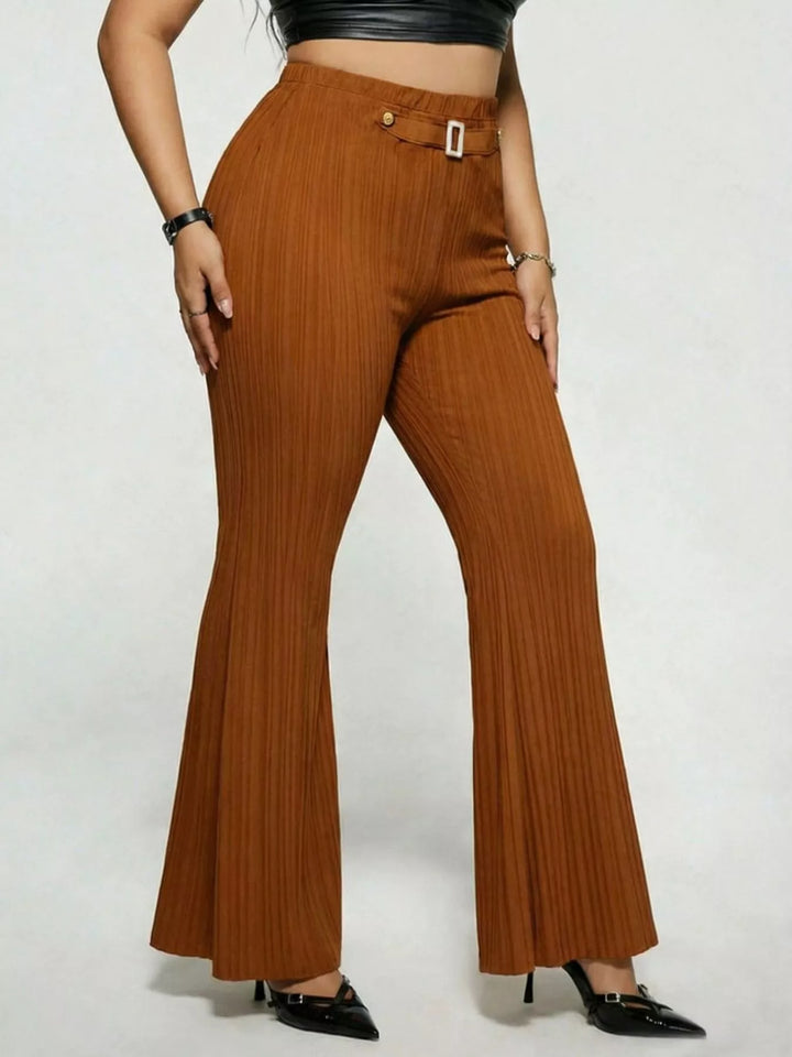 Caramel Plus size high-rise ribbed flare pants with buckle detail