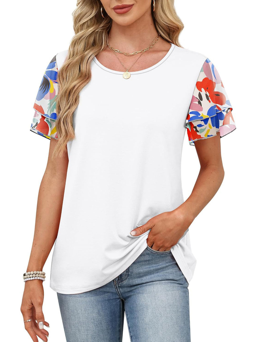 White Layered leopard ruffle sleeve round neck top