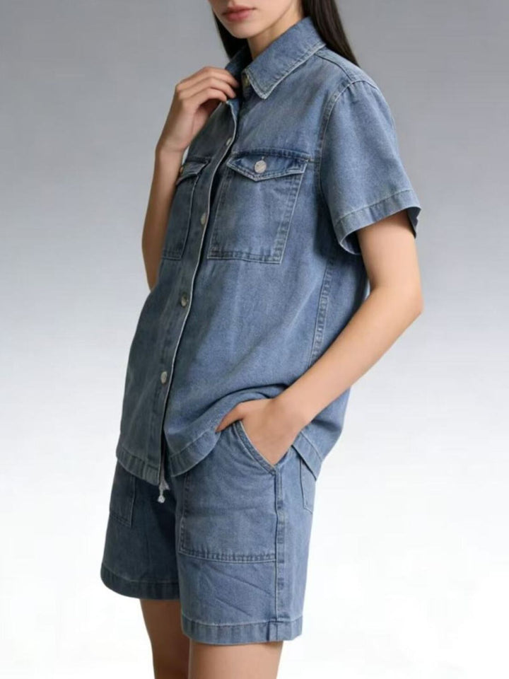 Short sleeve denim shirt and drawstring shorts set