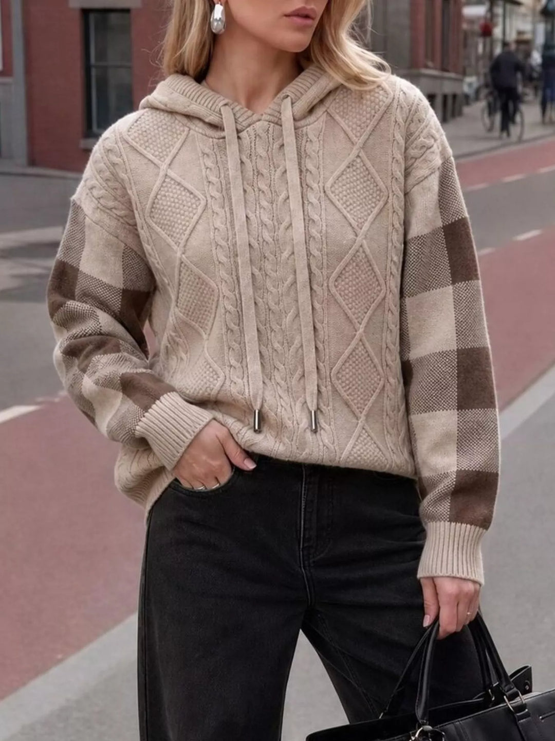 Camel Cable knit hooded sweater with plaid sleeves and drawstring