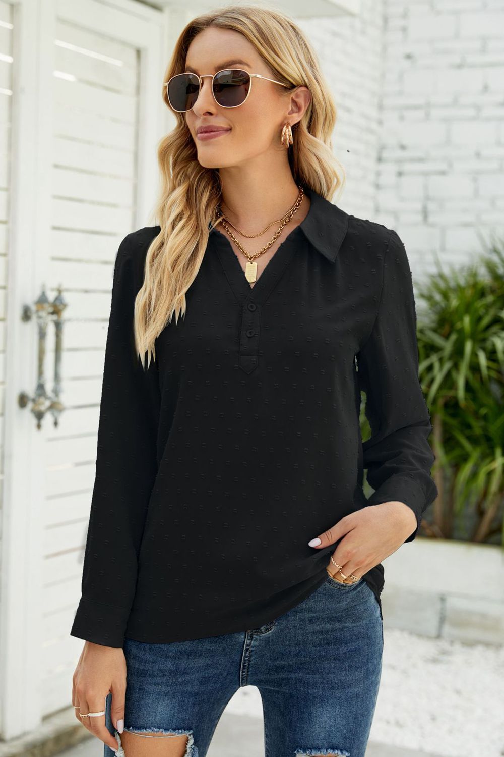 Black Swiss dot Johnny collar blouse with roll-tab long sleeves
