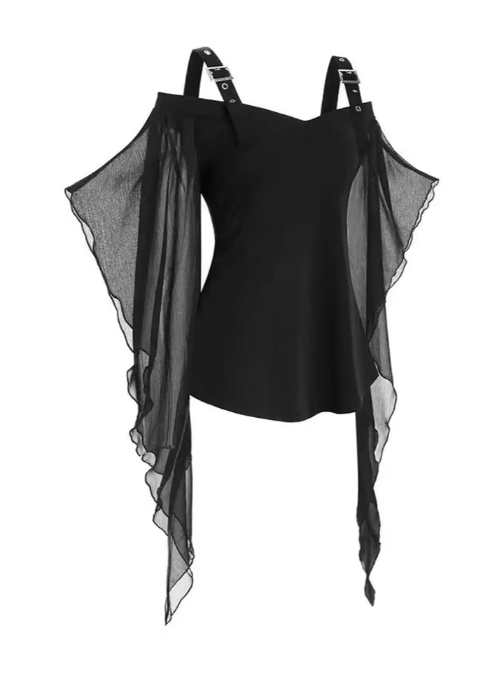 Off-shoulder buckle strap top with sheer mesh bell sleeves