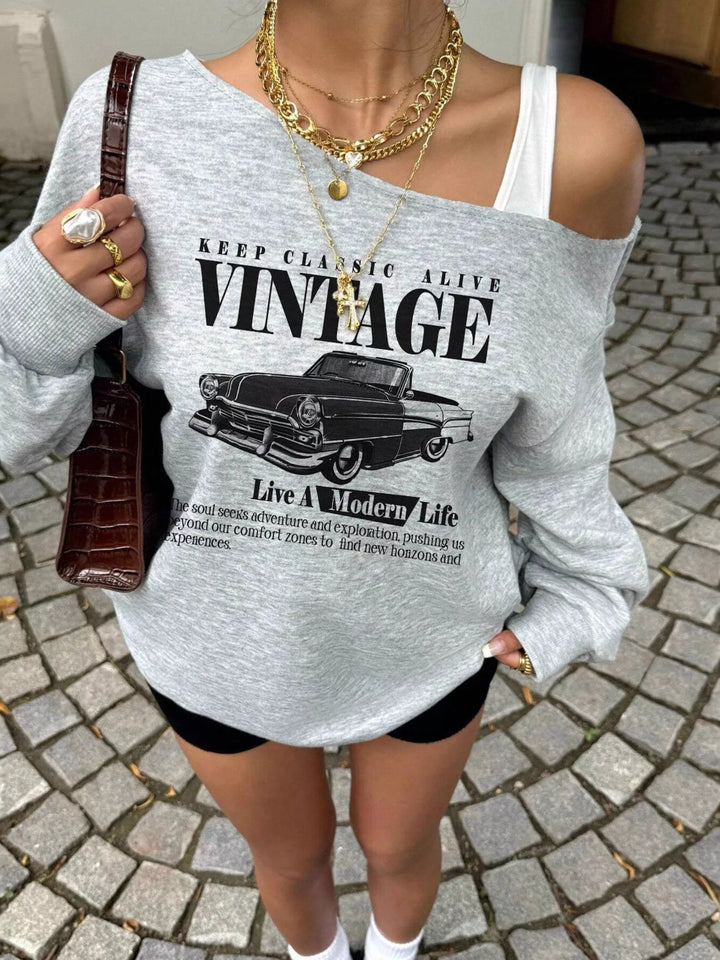 Vintage car graphic asymmetrical off-shoulder sweatshirt