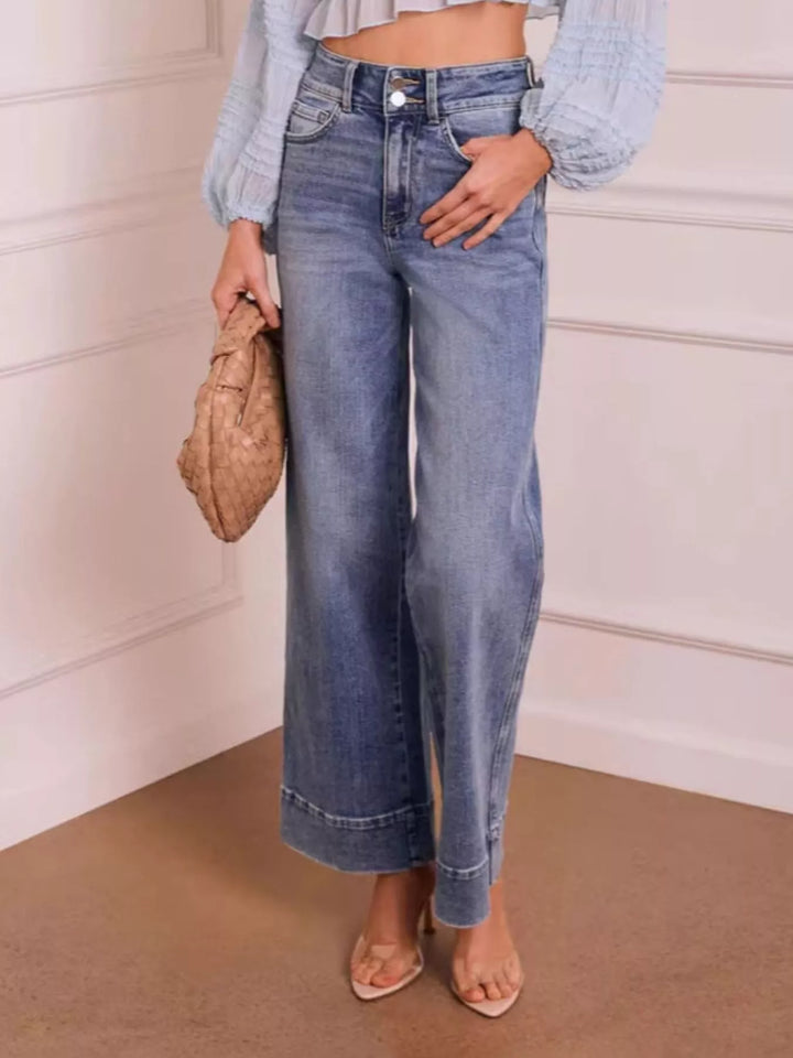 Blue Washed high-rise wide-leg jeans with released hem