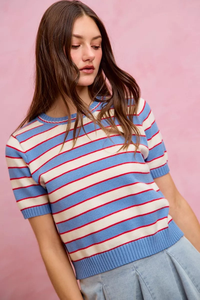 Striped ribbed knit short sleeve crew neck sweater top