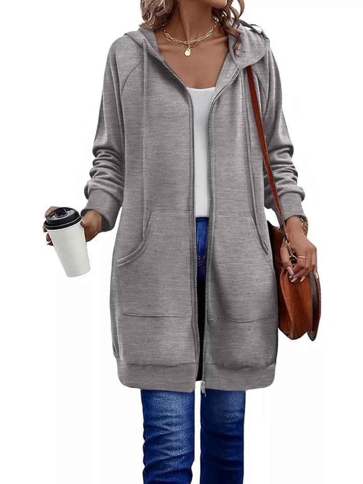 Grey Longline zip-up hoodie with drawstring hood and side pockets