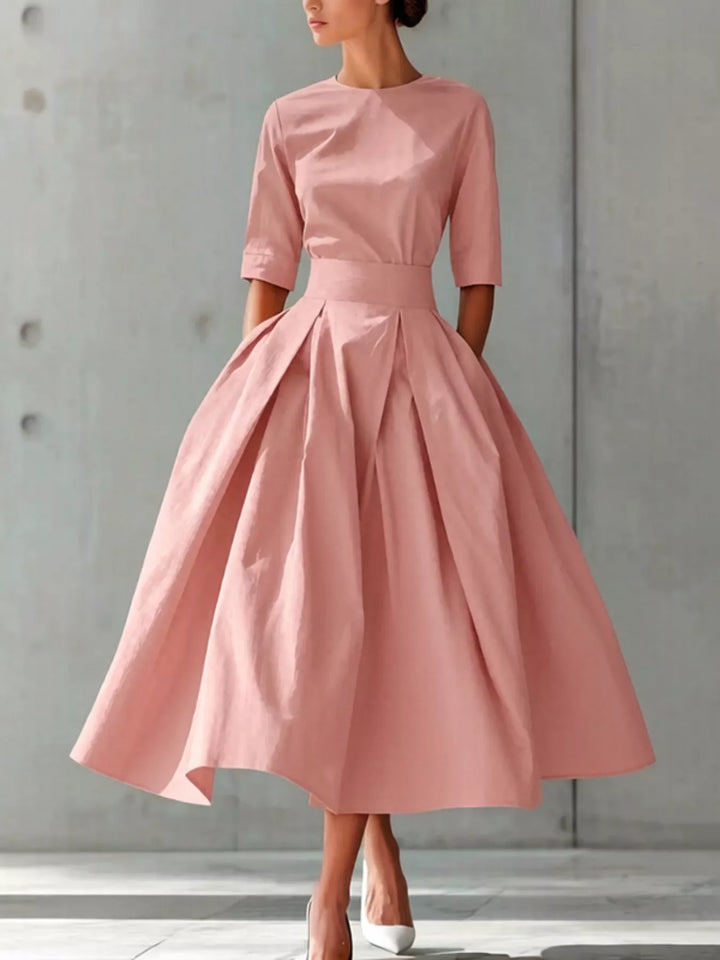 Dusty Pink A-line pleated midi dress with side pockets