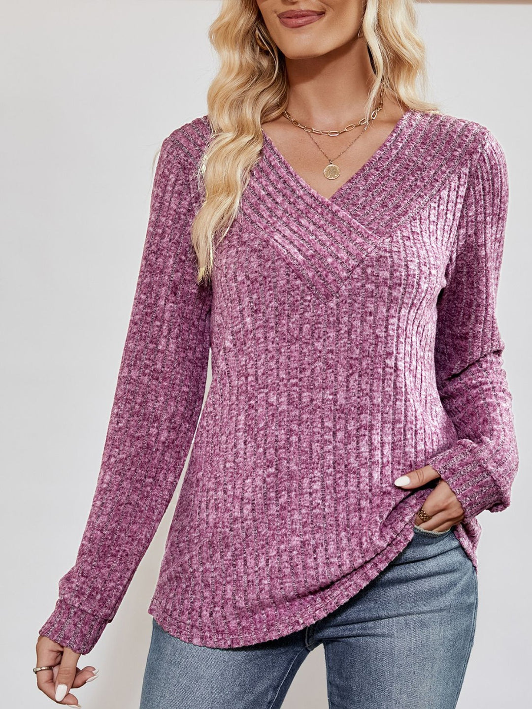 Ribbed knit crossover V-neck long sleeve top