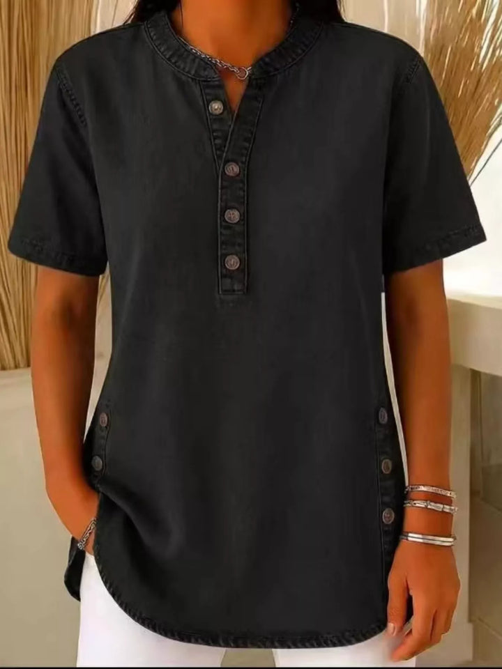 Black Denim-look button-front short sleeve blouse with side slits