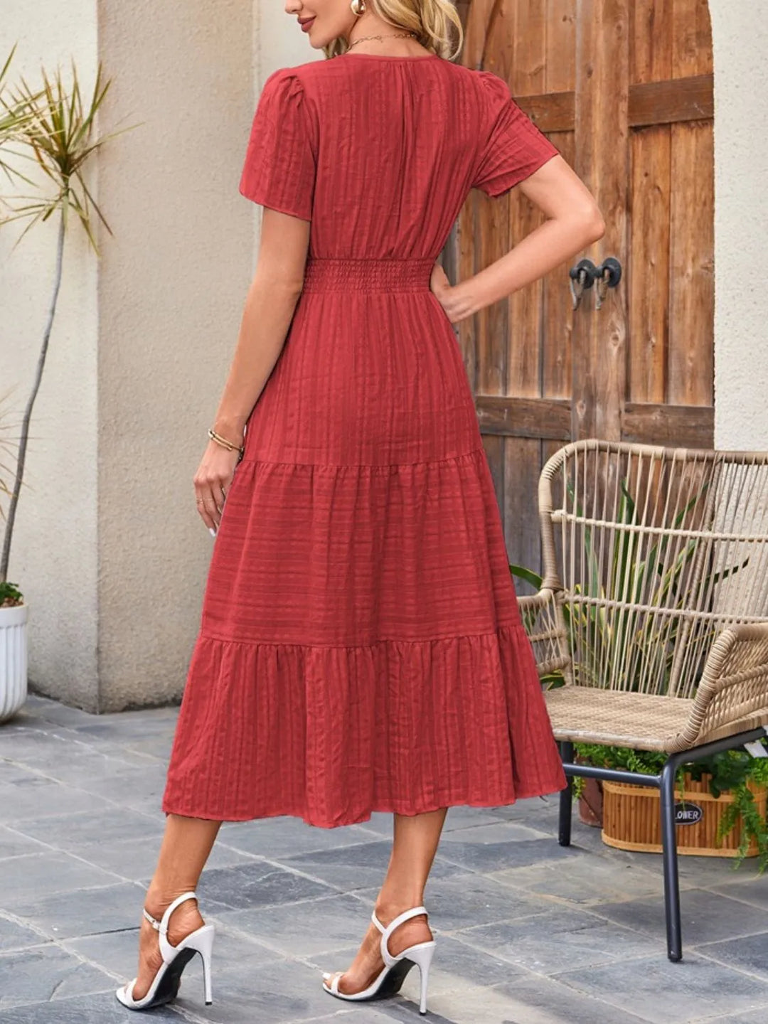 Tiered notched neck short sleeve midi dress with pockets