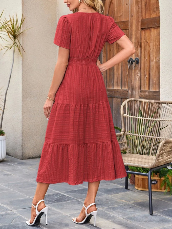 Tiered notched neck short sleeve midi dress with pockets