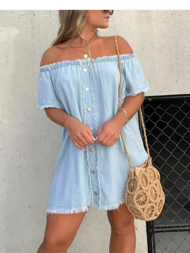 Frayed off-shoulder button-down denim mini dress