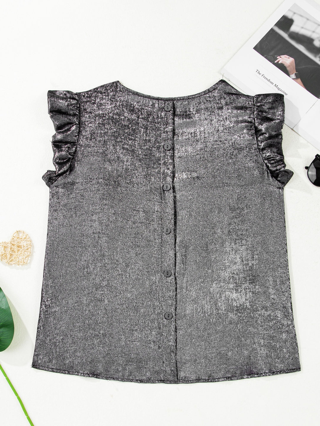 Metallic ruffle cap sleeve round neck top