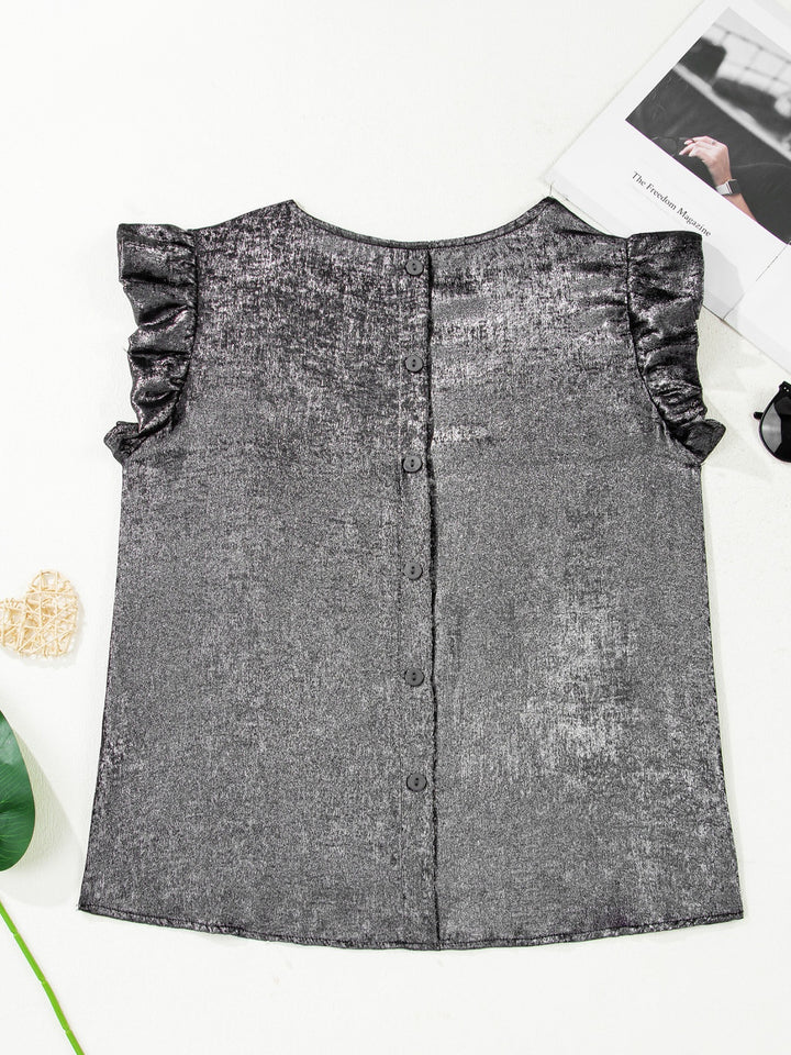 Metallic ruffle cap sleeve round neck top