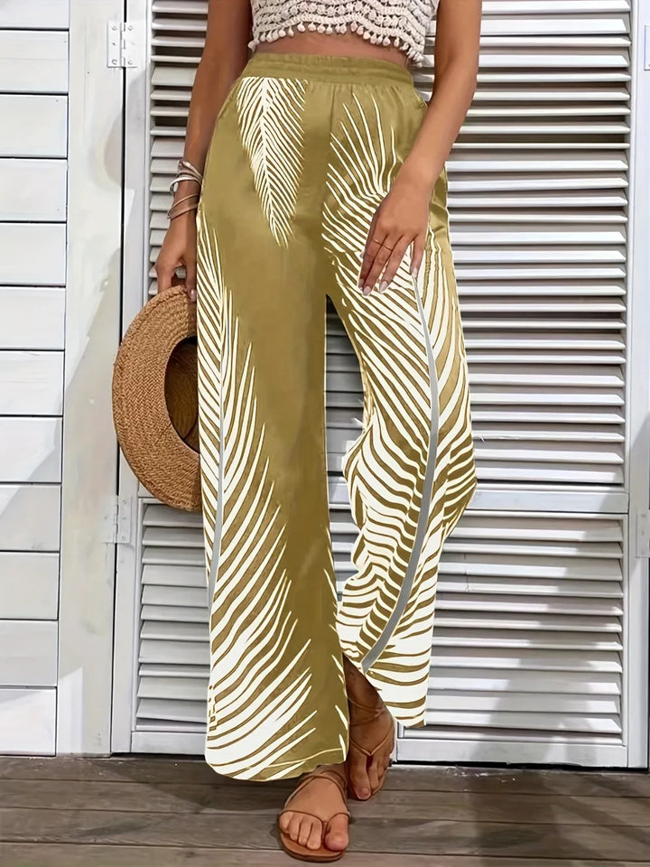 Khaki Tropical palm print wide leg pants with elastic waist