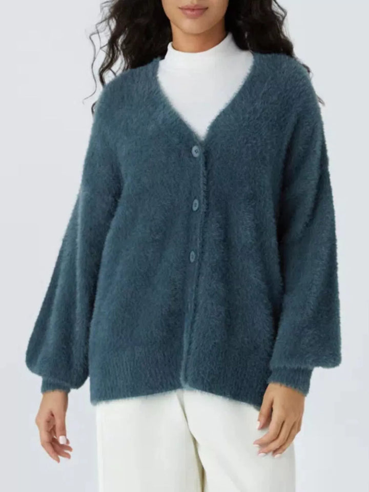 Sea blue Fuzzy knit V-neck button-down cardigan