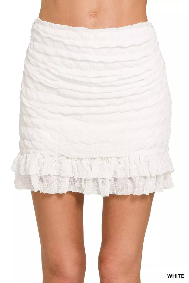 WHITE Ruched mini skirt with built-in shorts and ruffle hem