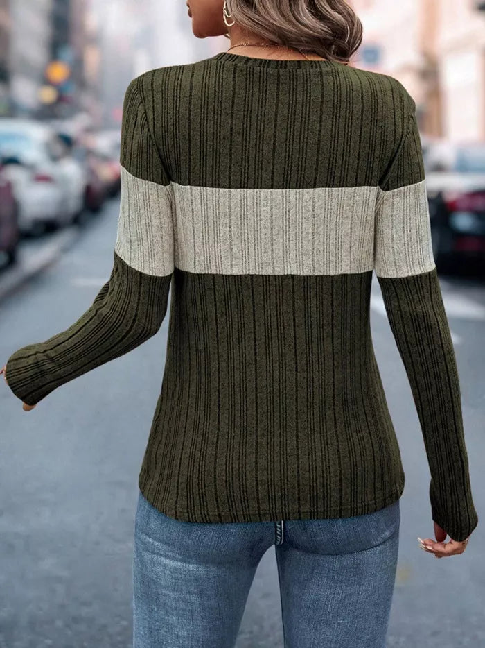 Color block ribbed knit long sleeve crew neck top