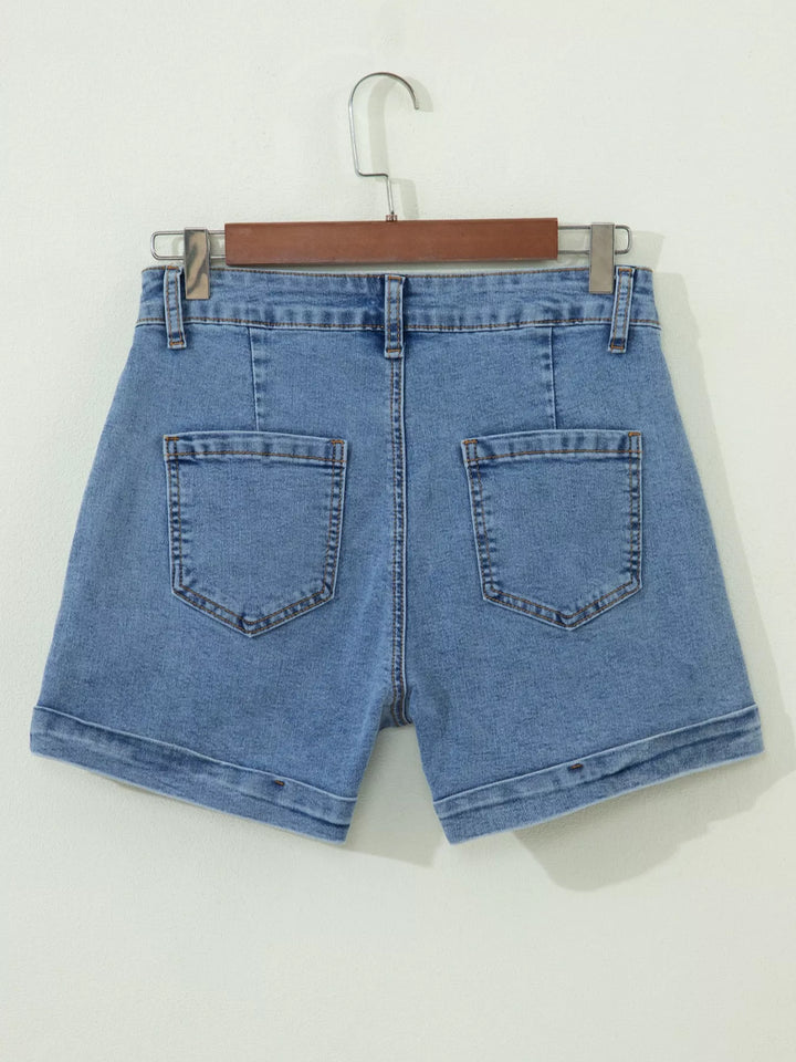 High-rise cuffed denim shorts with double-button waist