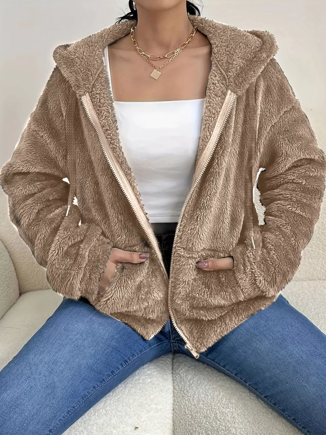 Fuzzy fleece hooded zip-up jacket with front pockets
