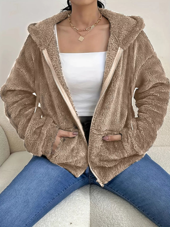 Fuzzy fleece hooded zip-up jacket with front pockets