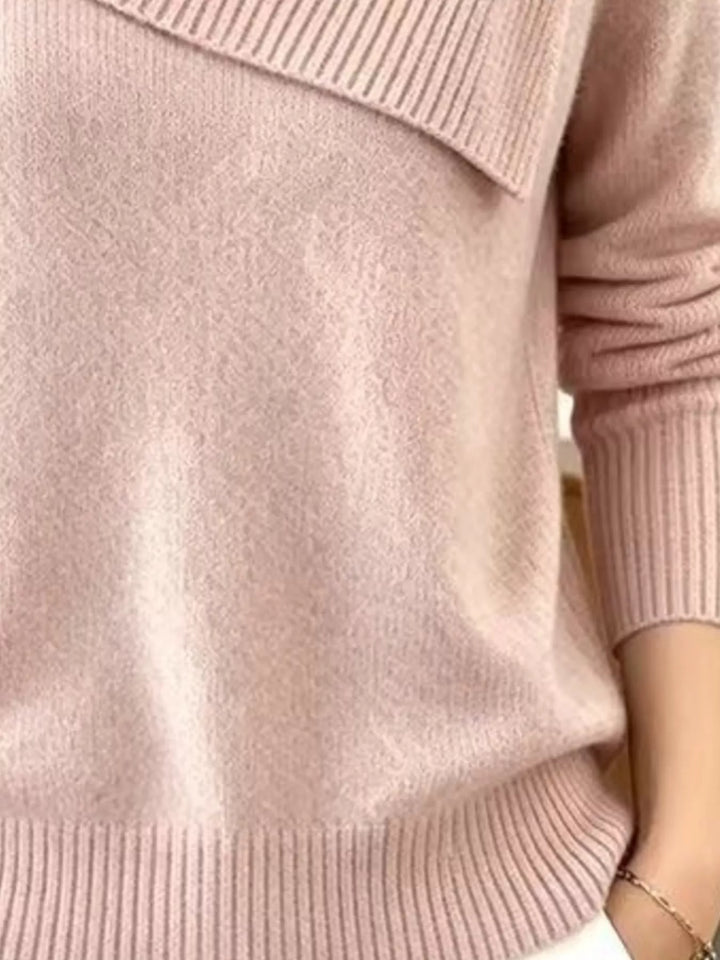 Asymmetric foldover ribbed collar knit pullover sweater