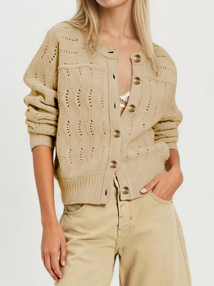 Khaki Openwork pointelle knit button-down cardigan