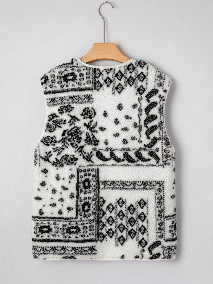 Open-front sherpa vest with paisley print and patch pockets