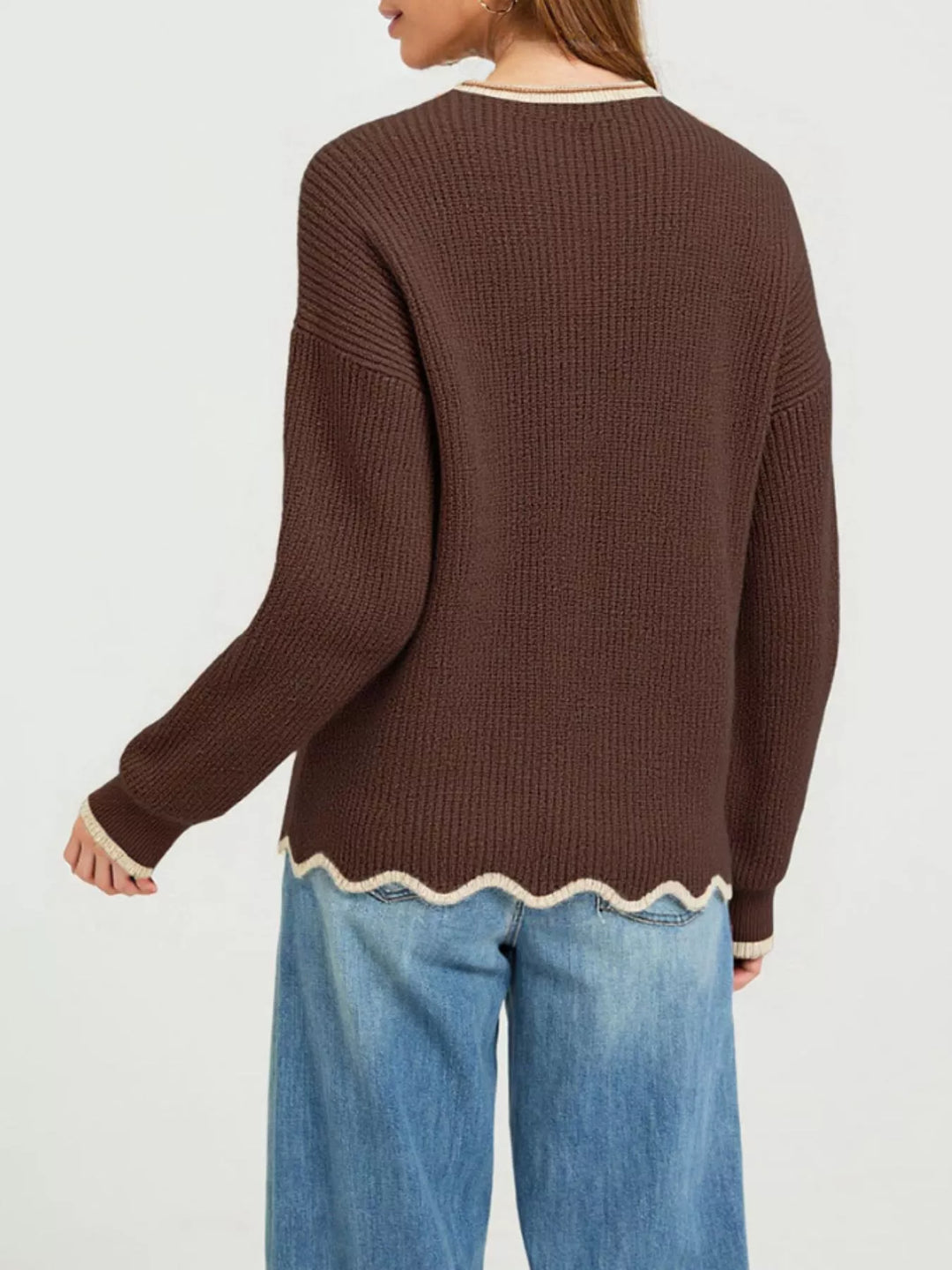 Scalloped hem ribbed knit sweater with contrast trim