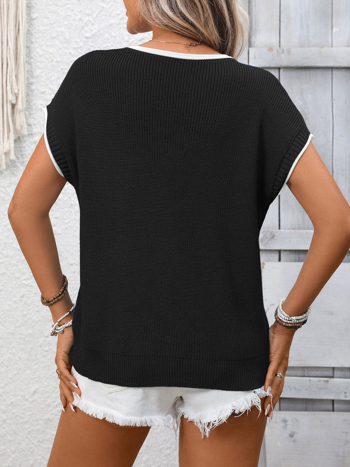 Ribbed contrast trim short sleeve sweater top