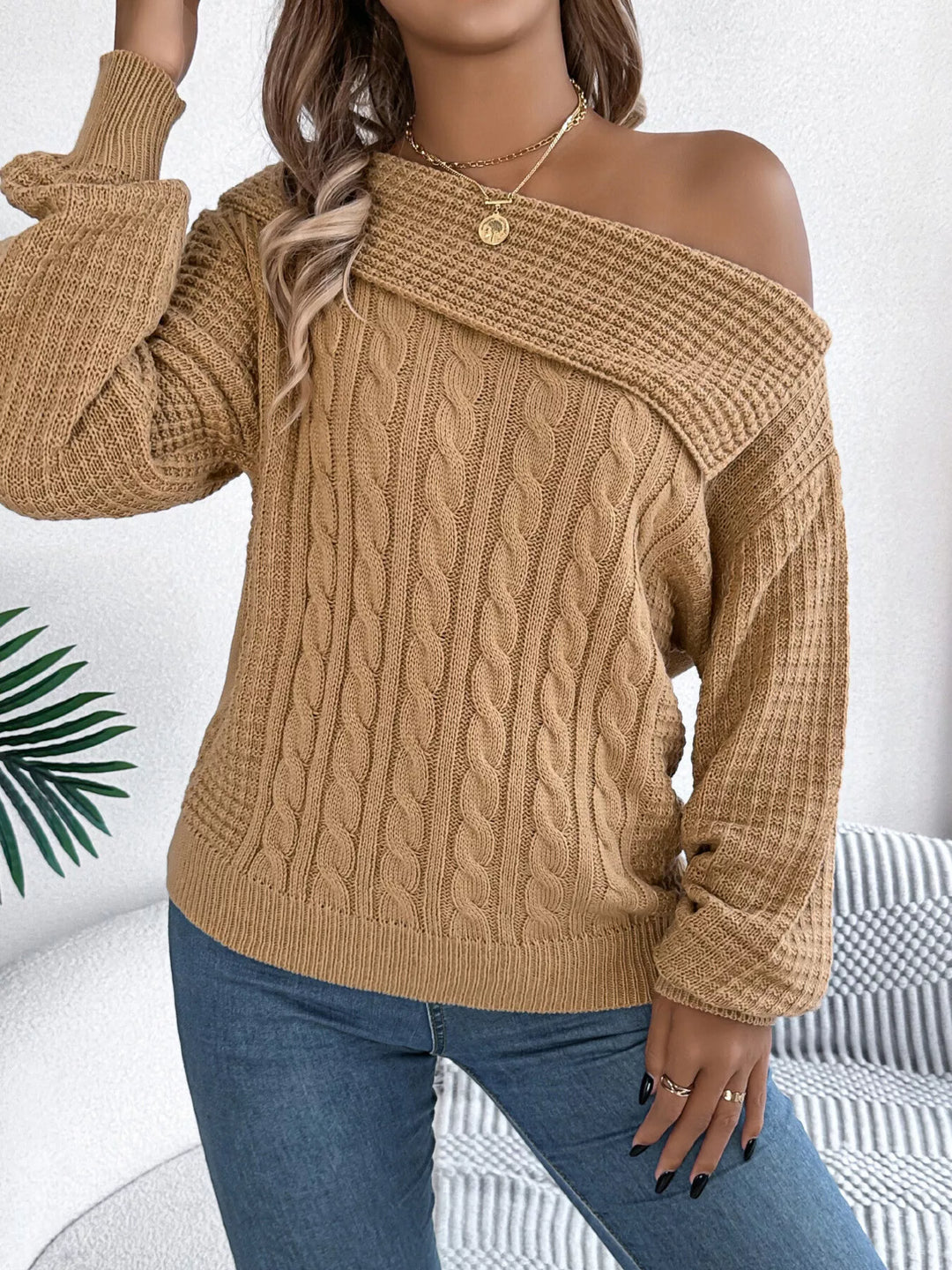 Camel Cable knit one-shoulder sweater with fold-over ribbed collar