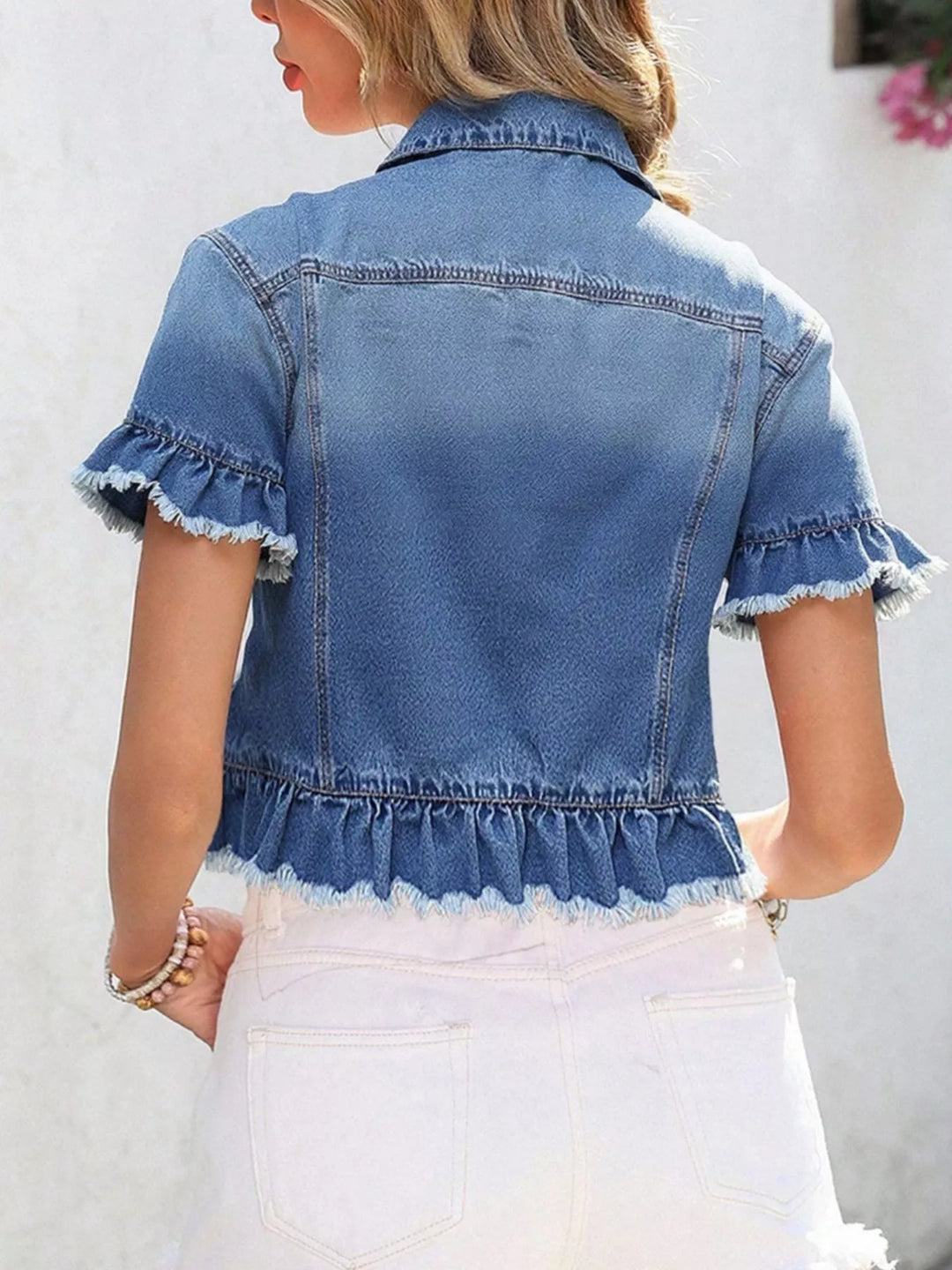 Ruffle hem short sleeve denim jacket with frayed trim