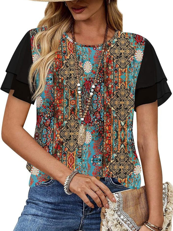 Multicolor Layered leopard ruffle sleeve round neck top