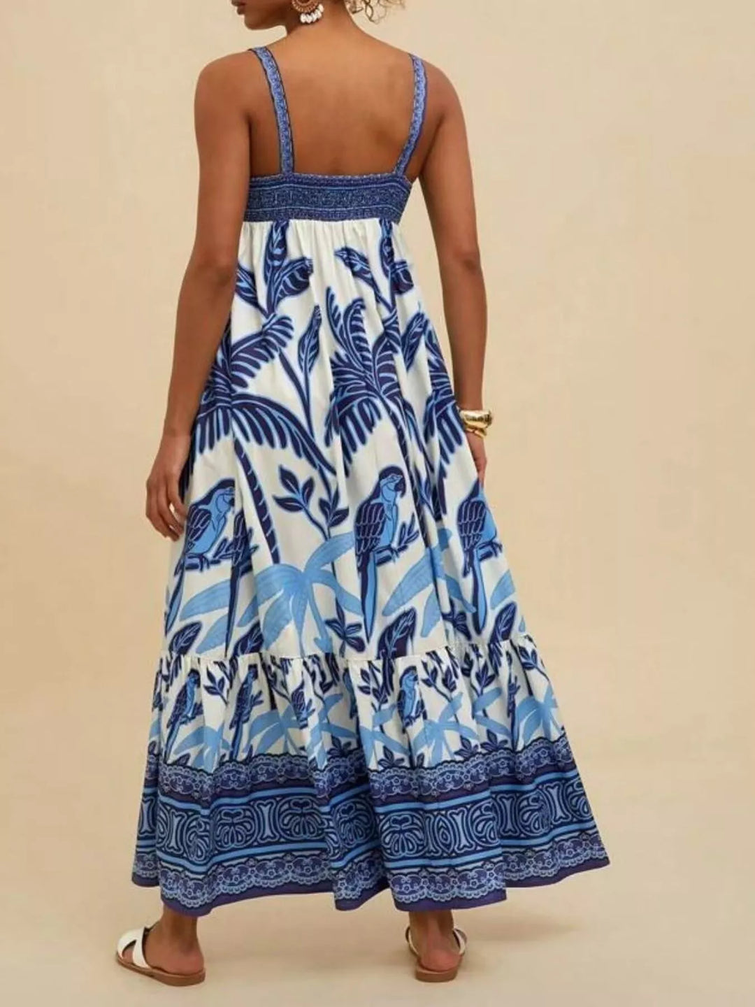 Tropical folk print square neck tiered maxi dress
