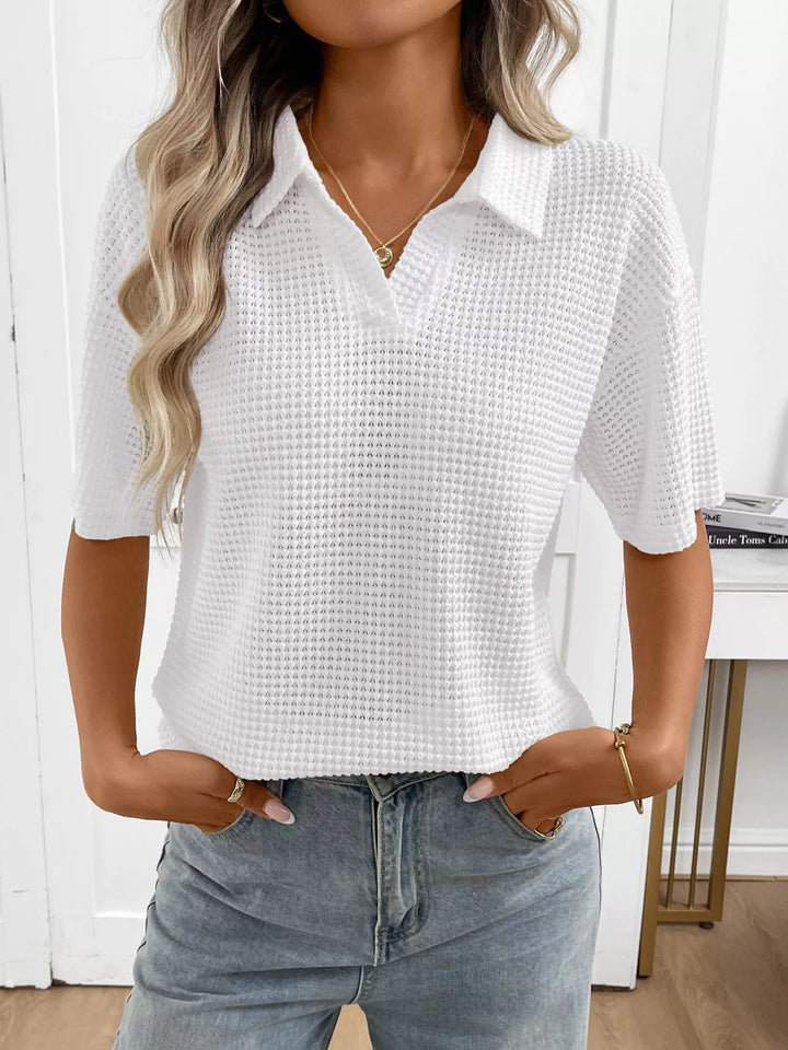 Striped waffle-knit collared short sleeve top