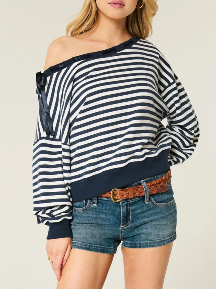Navy Blue Striped off-shoulder sweatshirt with ribbon tie