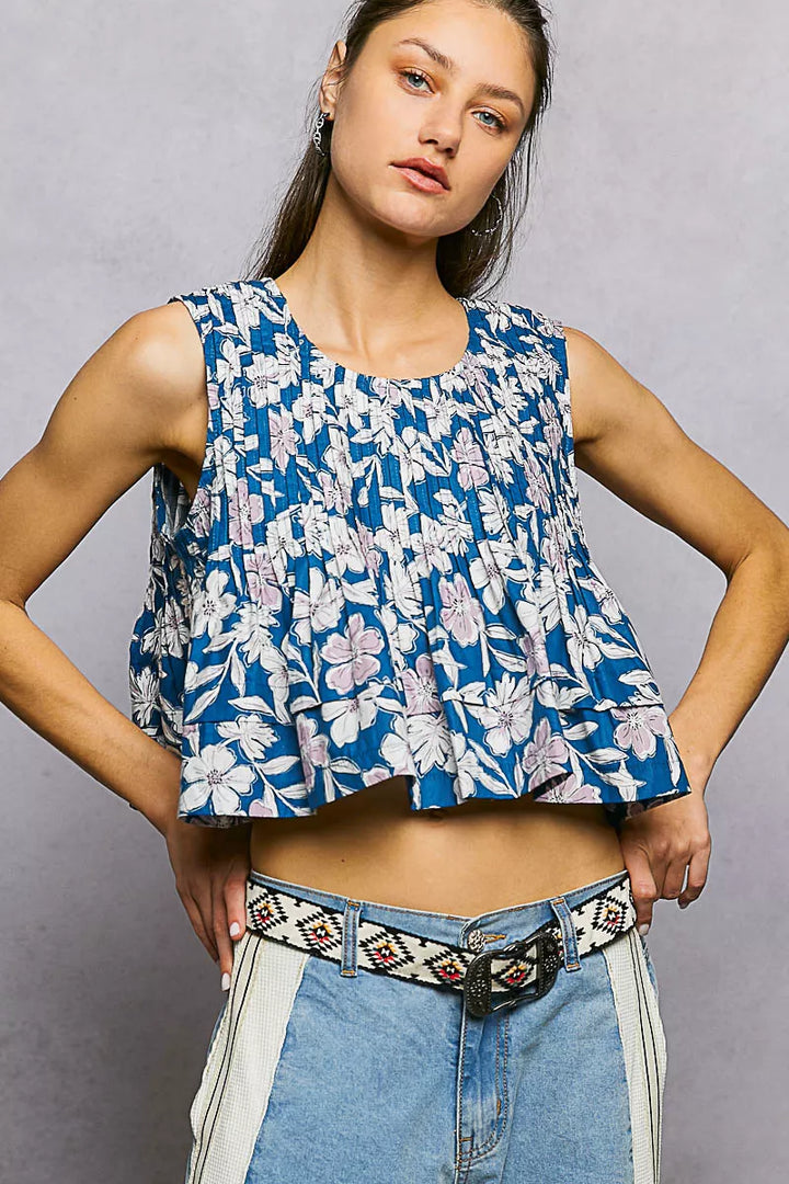 Floral pintuck crop tank with back zipper