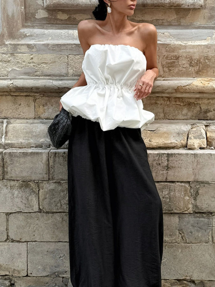 Ruched bubble hem strapless cotton tube top