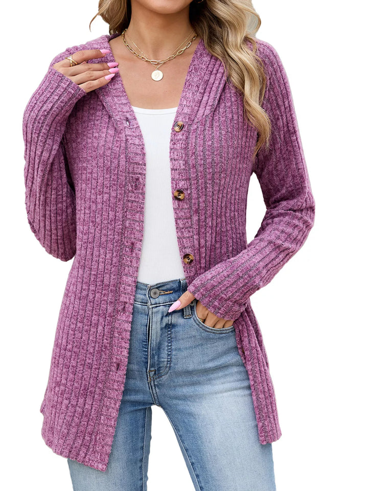 Purple-red Ribbed knit hooded cardigan with tortoise buttons
