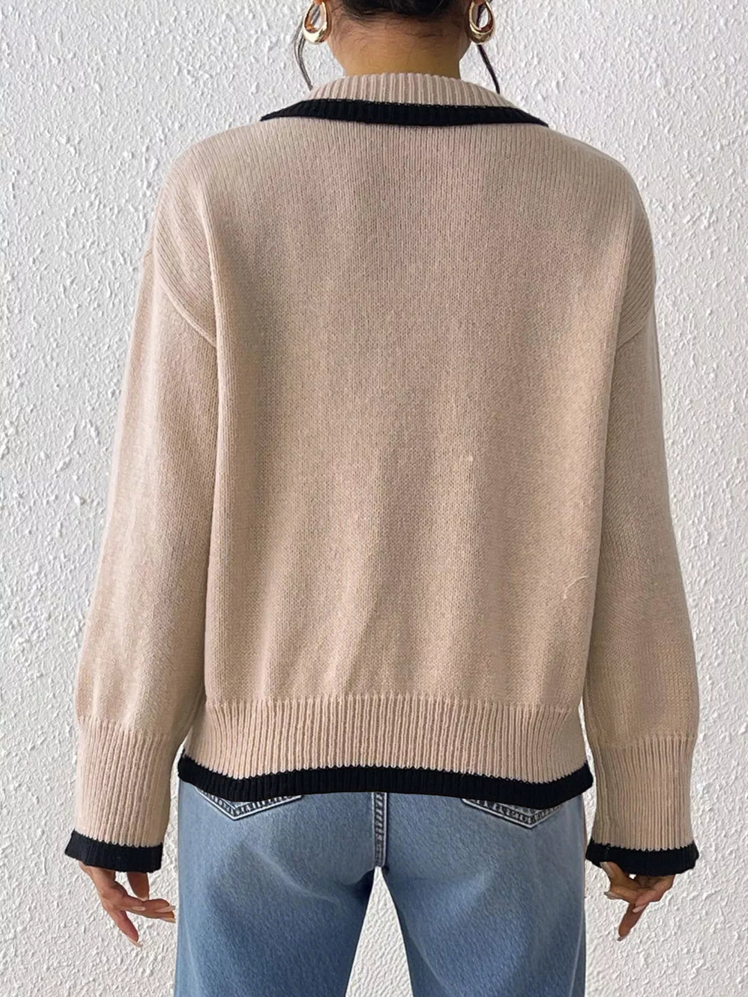 Contrast trim polo collar knit pullover sweater